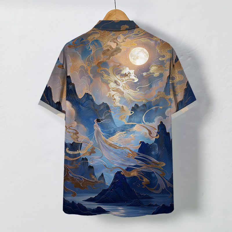 Nimara Ritual Misty Mountain Moon Cloud Pattern Buttons Wrinkle-resistant Men's Short Sleeve Shirt