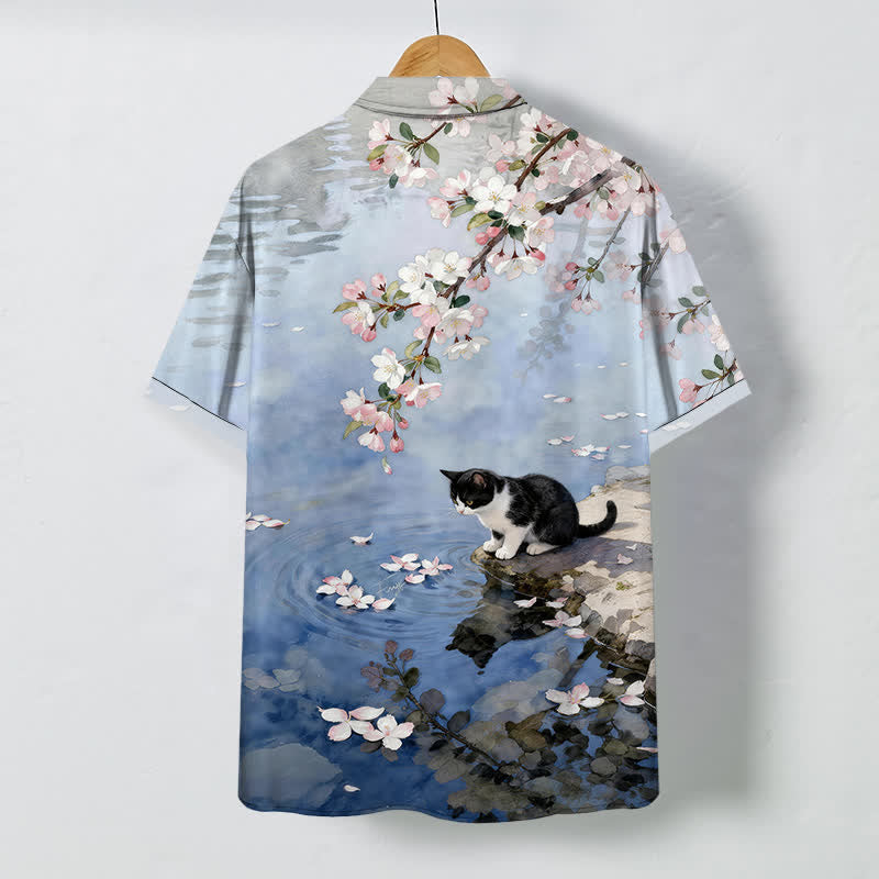 Nimara Ritual Cherry Blossom Cat Waterside Pattern Buttons Wrinkle-resistant Men's Short Sleeve Shirt