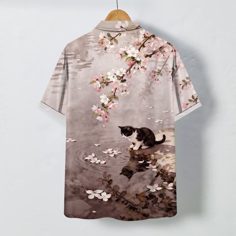 Nimara Ritual Cherry Blossom Cat Waterside Pattern Buttons Wrinkle-resistant Men's Short Sleeve Shirt