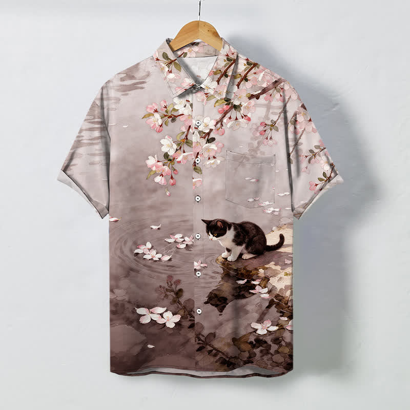 Nimara Ritual Cherry Blossom Cat Waterside Pattern Buttons Wrinkle-resistant Men's Short Sleeve Shirt