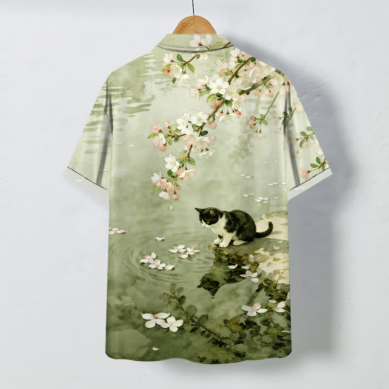 Nimara Ritual Cherry Blossom Cat Waterside Pattern Buttons Wrinkle-resistant Men's Short Sleeve Shirt