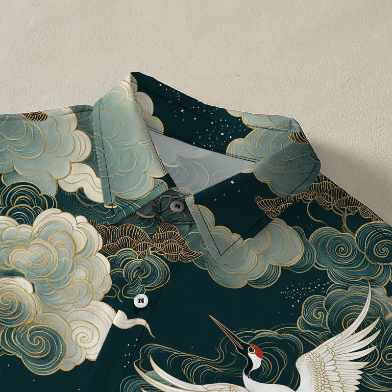 Nimara Ritual Red-crowned Crane Golden White Clouds Wave Pattern Buttons Breathable Men's Short Sleeve Shirt