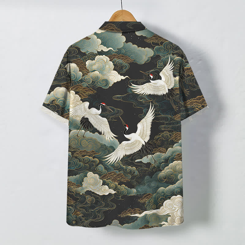 Nimara Ritual Red-crowned Crane Golden White Clouds Wave Pattern Buttons Breathable Men's Short Sleeve Shirt