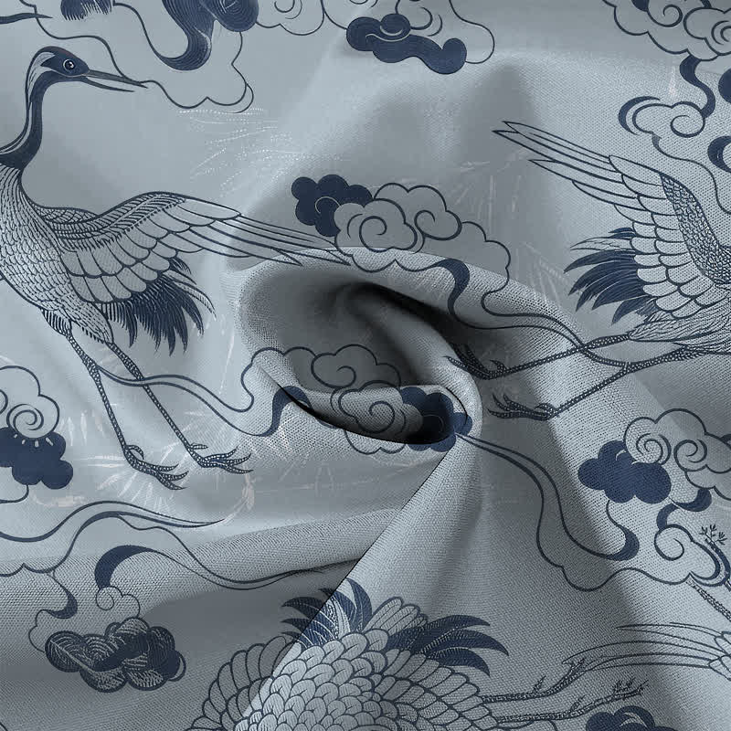Nimara Ritual Crane Cloud Wave Sketch Pattern Buttons Breathable Men's Short Sleeve Shirt