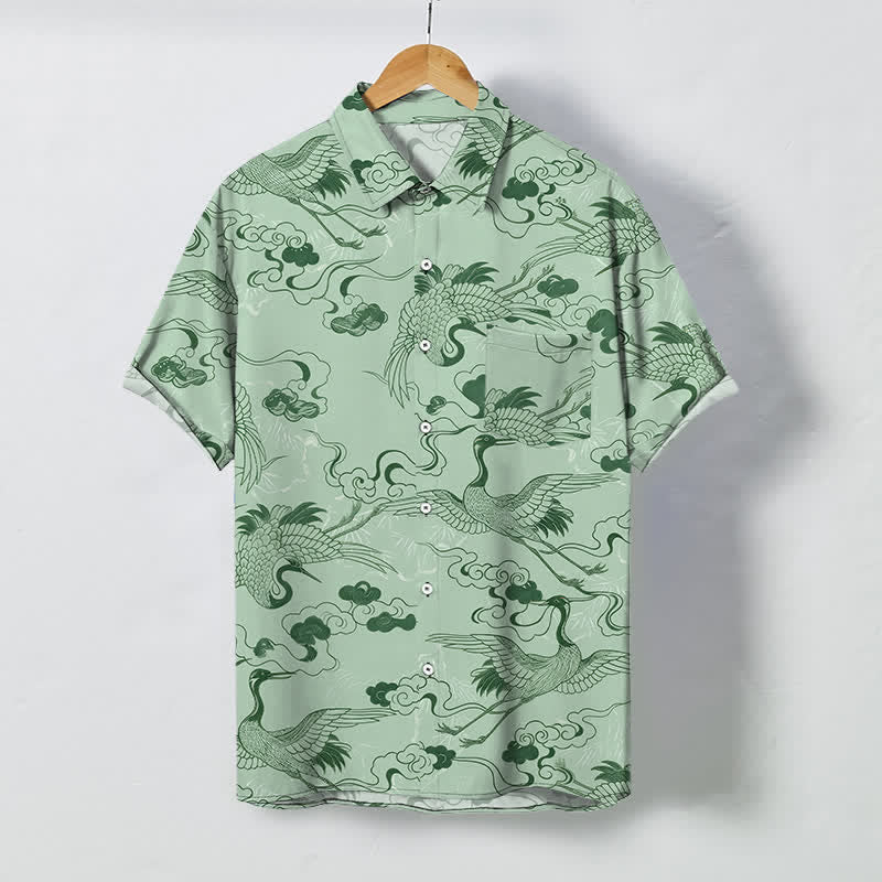 Nimara Ritual Crane Cloud Wave Sketch Pattern Buttons Breathable Men's Short Sleeve Shirt