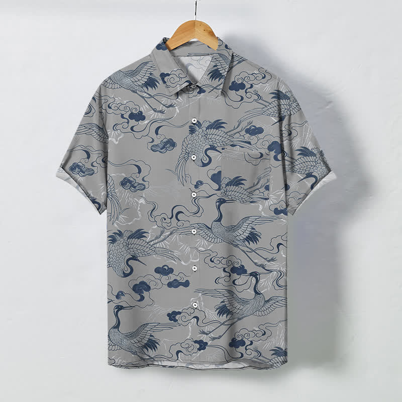Nimara Ritual Crane Cloud Wave Sketch Pattern Buttons Breathable Men's Short Sleeve Shirt