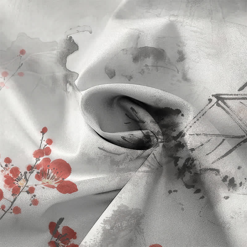 Nimara Ritual Ink Red Floral Branch Blossom Houses Pattern Buttons Breathable Men's Short Sleeve Shirt