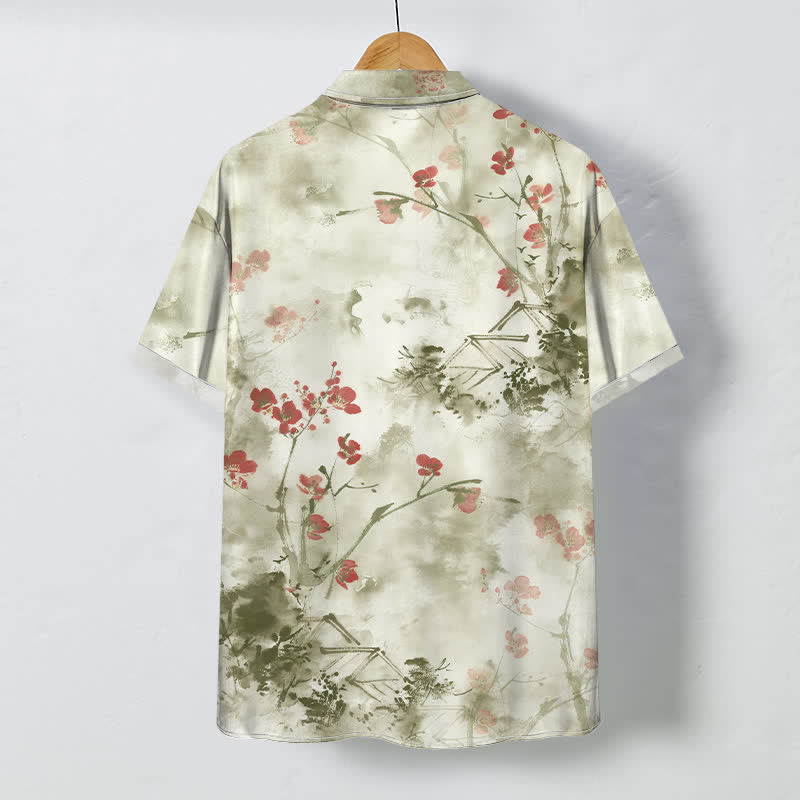 Nimara Ritual Ink Red Floral Branch Blossom Houses Pattern Buttons Breathable Men's Short Sleeve Shirt