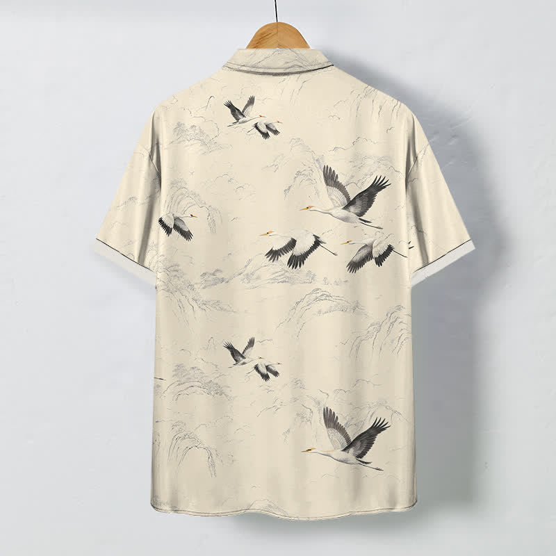 Nimara Ritual Ink Landscape Crane Mountain Ranges Pattern Buttons Breathable Men's Short Sleeve Shirt