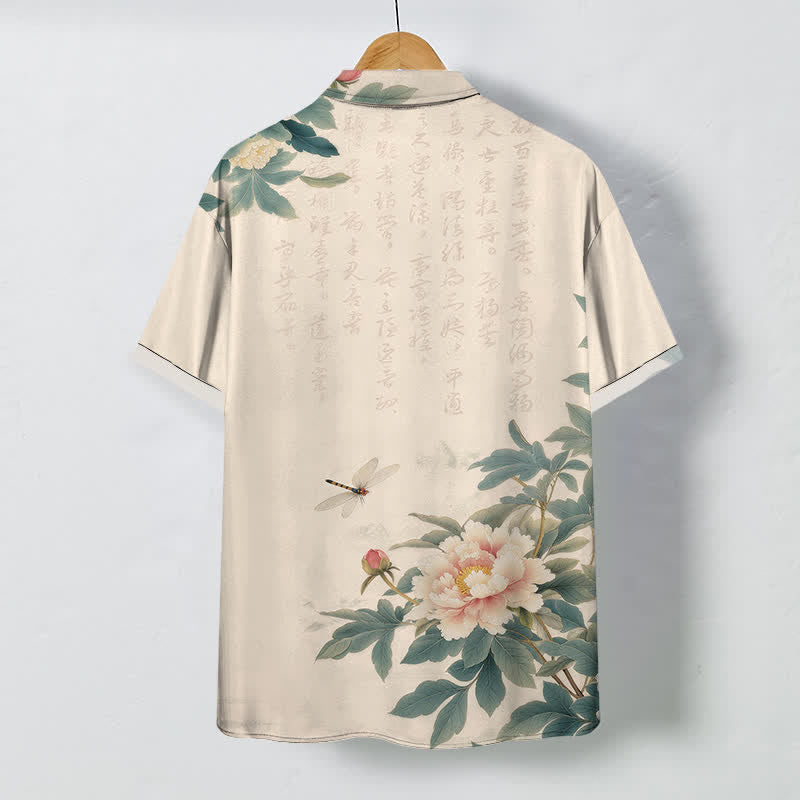 Nimara Ritual Pink Peony Leaf Dragonfly Pattern Buttons Breathable Men's Short Sleeve Shirt