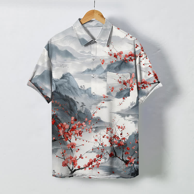 Nimara Ritual Ink Landscape Red Blossom Mountains Pattern Buttons Breathable Men's Short Sleeve Shirt