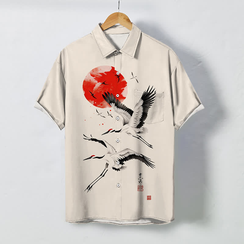 Nimara Ritual Red Sun Flying Crane Pattern Buttons Breathable Men's Short Sleeve Shirt