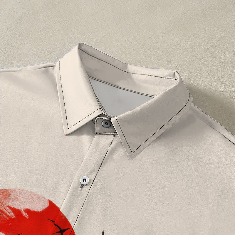 Nimara Ritual Red Sun Flying Crane Pattern Buttons Breathable Men's Short Sleeve Shirt