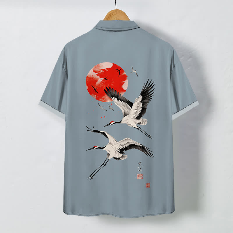 Nimara Ritual Red Sun Flying Crane Pattern Buttons Breathable Men's Short Sleeve Shirt