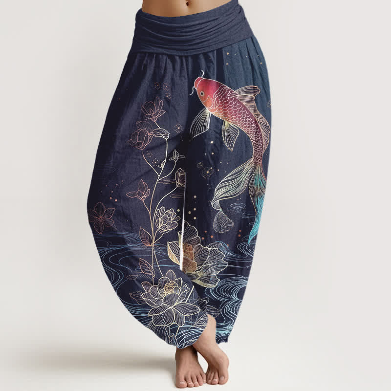 Nimara Ritual Lotus Koi Fish Pattern Women's Elastic Waist Pure Cotton Harem Pants