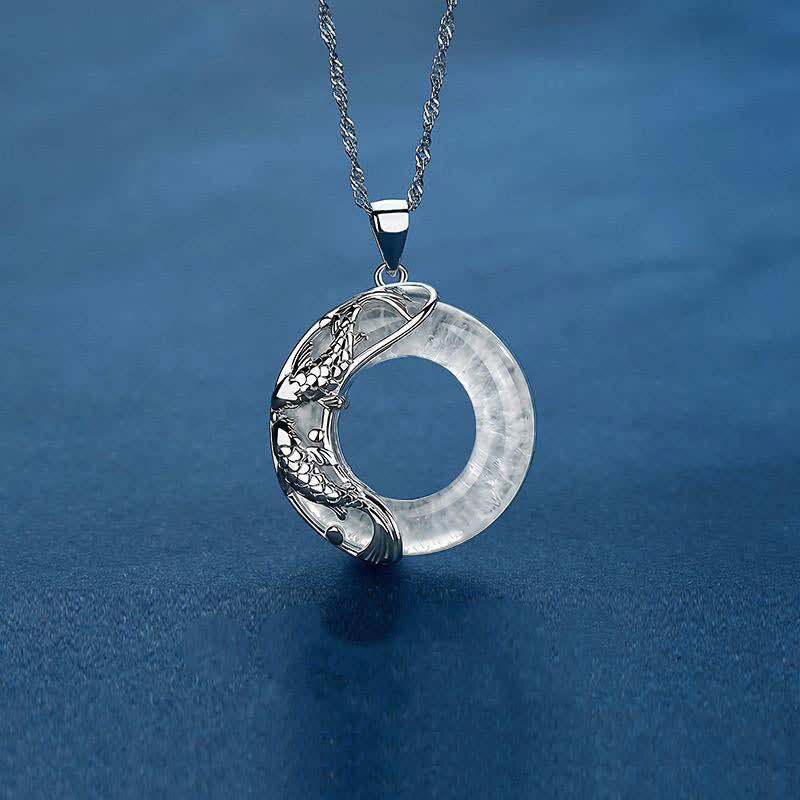 Nimara Ritual Clear Quartz Koi Fish Luck Circular Peace Buckle Pendant Necklace