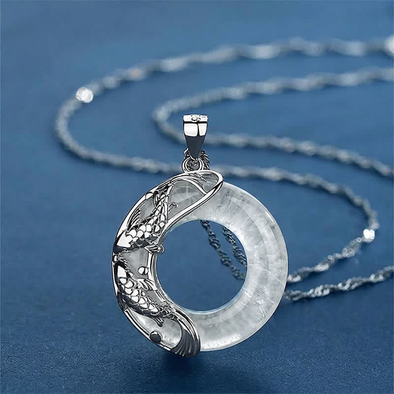 Nimara Ritual Clear Quartz Koi Fish Luck Circular Peace Buckle Pendant Necklace