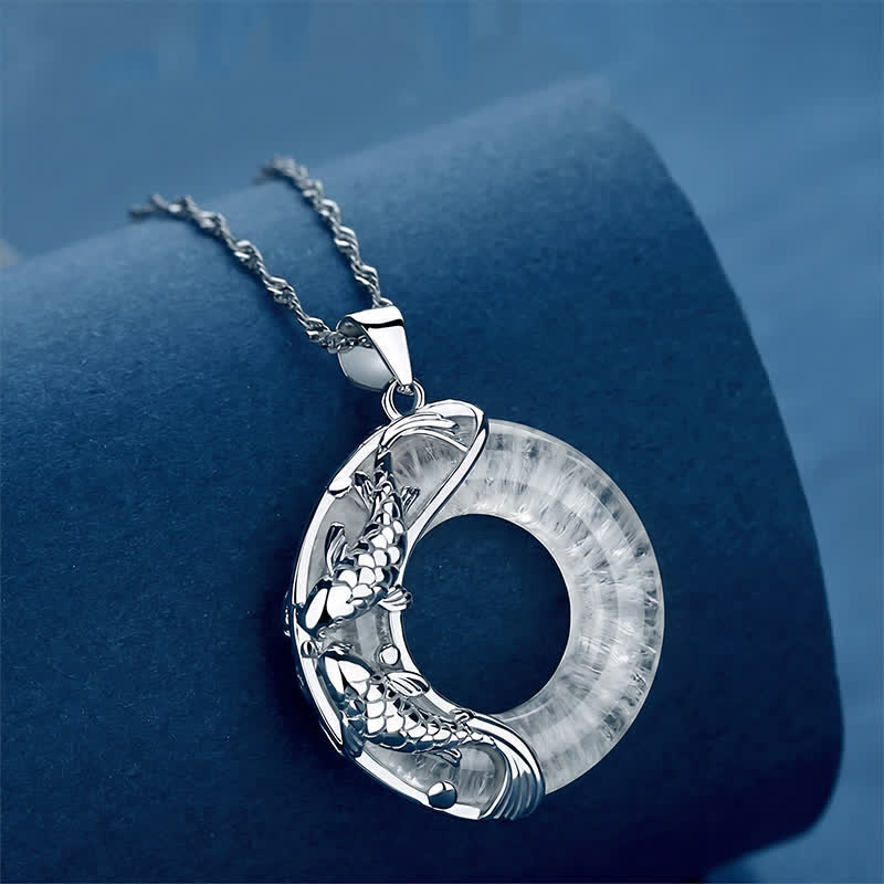 Nimara Ritual Clear Quartz Koi Fish Luck Circular Peace Buckle Pendant Necklace