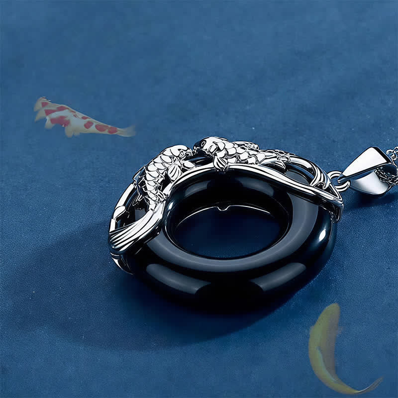 Nimara Ritual Black Obsidian Koi Fish Luck Circular Peace Buckle Pendant Necklace
