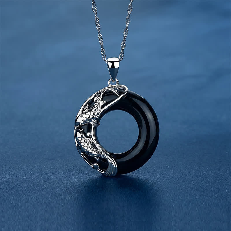 Nimara Ritual Black Obsidian Koi Fish Luck Circular Peace Buckle Pendant Necklace