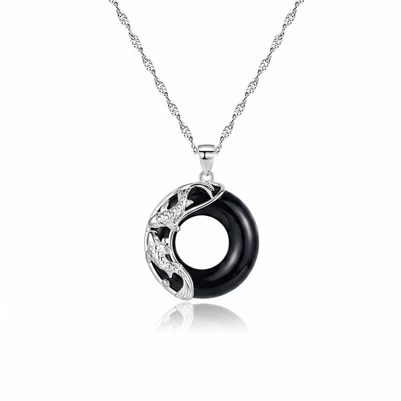 Nimara Ritual Black Obsidian Koi Fish Luck Circular Peace Buckle Pendant Necklace