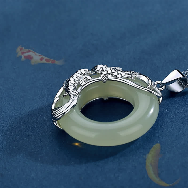 Nimara Ritual Green Hetian Jade Koi Fish Luck Circular Peace Buckle Pendant Necklace