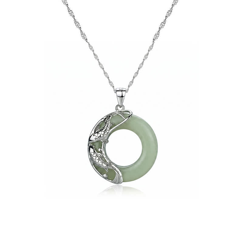 Nimara Ritual Green Hetian Jade Koi Fish Luck Circular Peace Buckle Pendant Necklace