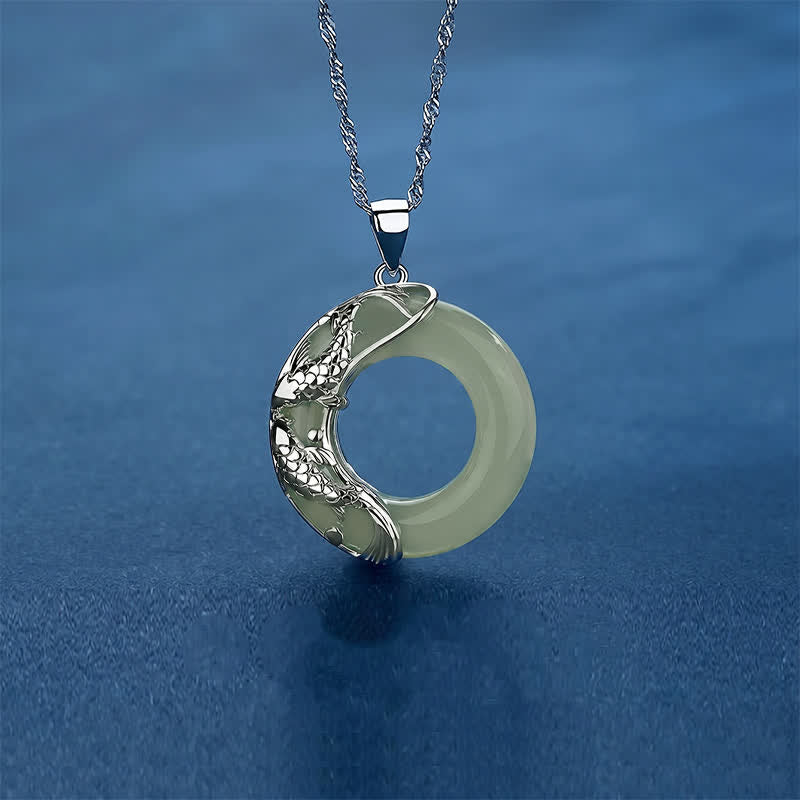Nimara Ritual Green Hetian Jade Koi Fish Luck Circular Peace Buckle Pendant Necklace