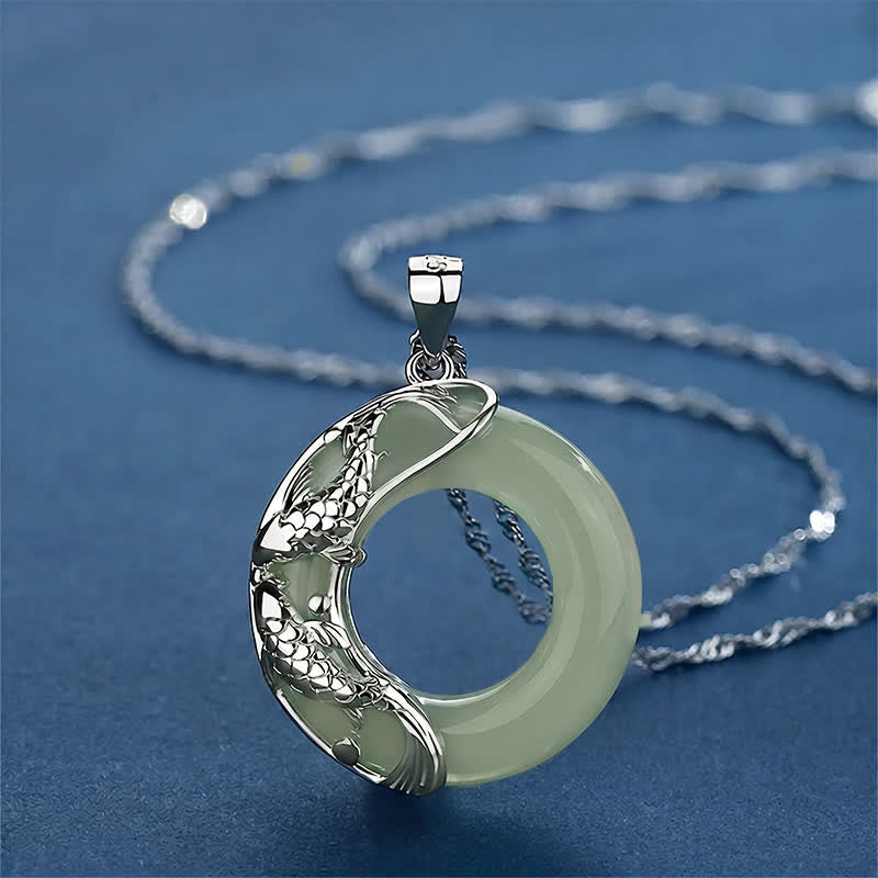 Nimara Ritual Green Hetian Jade Koi Fish Luck Circular Peace Buckle Pendant Necklace