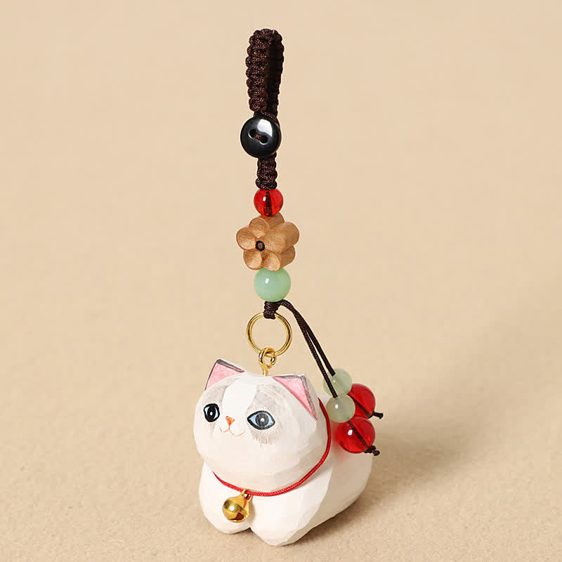 Nimara Ritual Natural Wood Hand-Carved Lying Cat Om Mani Padme Hum Peace Keychains