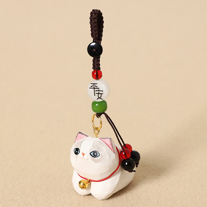 Nimara Ritual Natural Wood Hand-Carved Lying Cat Om Mani Padme Hum Peace Keychains