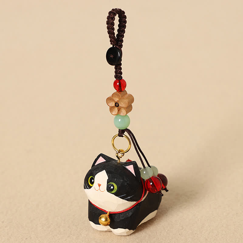Peace and Calm Energy Natural Wood Hand-Carved Lying Cat Om Mani Padme Hum Keychains