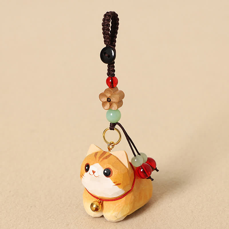 Nimara Ritual Natural Wood Hand-Carved Lying Cat Om Mani Padme Hum Peace Keychains