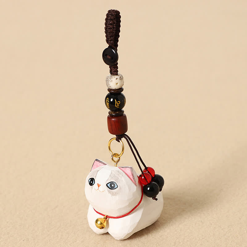 Peace and Calm Energy Natural Wood Hand-Carved Lying Cat Om Mani Padme Hum Keychains