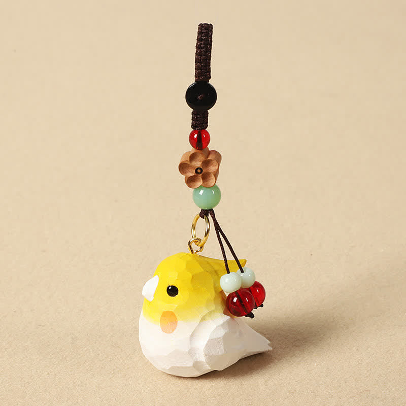 Nimara Ritual Hand-Carved Natural Wood Cockatiel Om Mani Padme Hum Focus Keychains