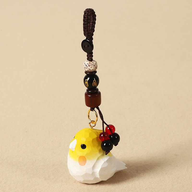Focus and Wisdom Hand-Carved Natural Wood Cockatiel Om Mani Padme Hum Keychains