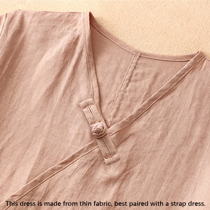Nimara Ritual Summer V-Neck Frog-Button Short Sleeve Women's Midi Dress