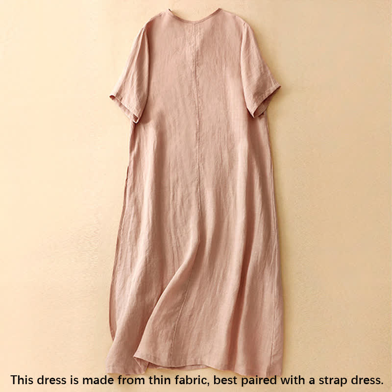 Nimara Ritual Summer V-Neck Frog-Button Short Sleeve Women's Midi Dress