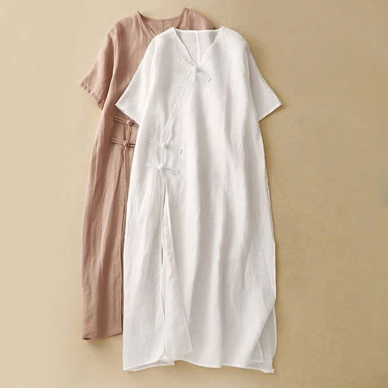 Nimara Ritual Summer V-Neck Frog-Button Short Sleeve Women's Midi Dress