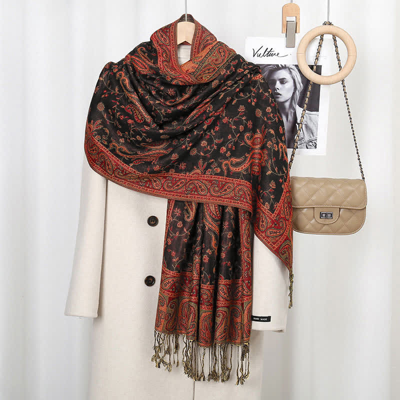 Nimara Ritual Tibetan Cashew Flower Vine Print Tassels Shawl Fall Winter Soft Scarf Wrap