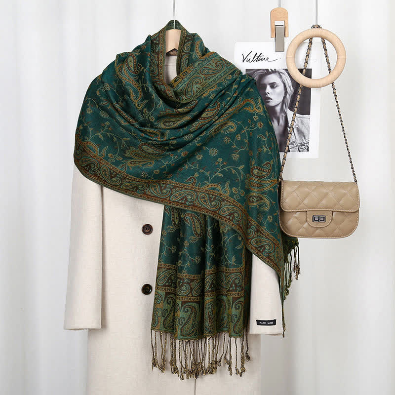 Nimara Ritual Tibetan Cashew Flower Vine Print Tassels Shawl Fall Winter Soft Scarf Wrap