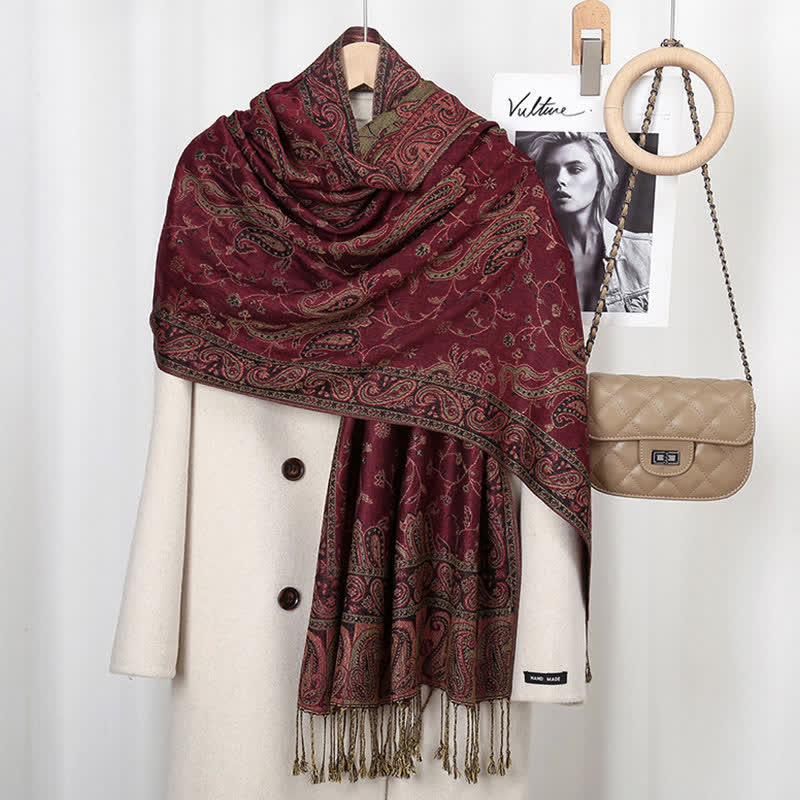 Nimara Ritual Tibetan Cashew Flower Vine Print Tassels Shawl Fall Winter Soft Scarf Wrap