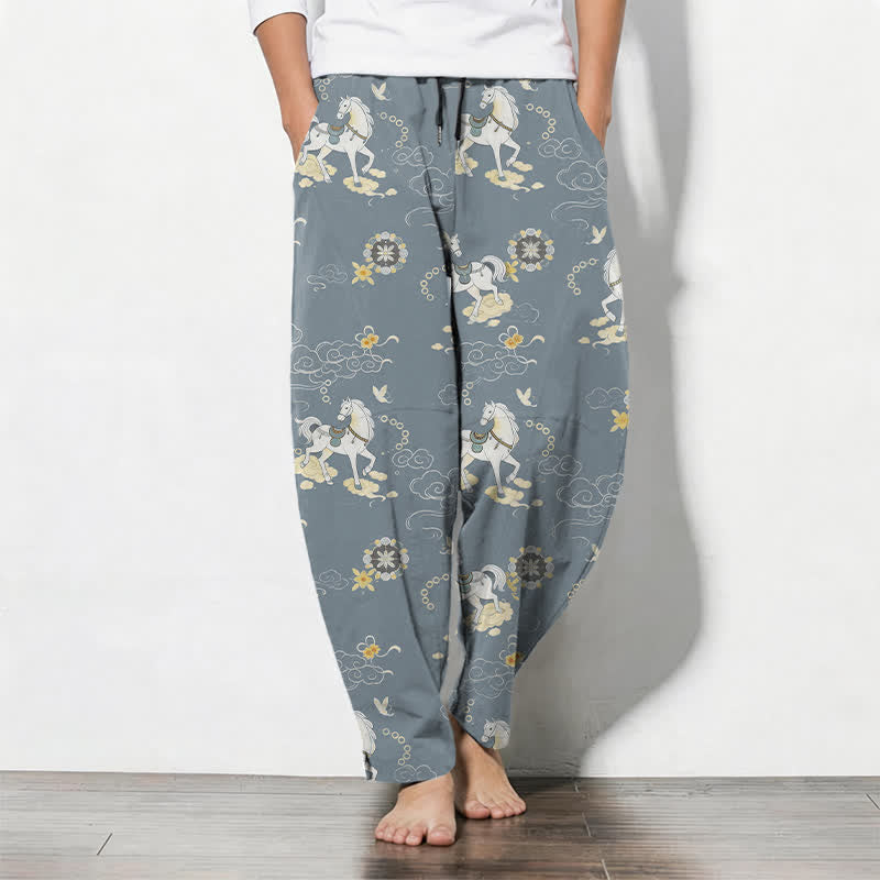 Nimara Ritual Pure Cotton White Horse Cloud Blossom Pattern Drawstring Men's Tapered Pants With Pockets
