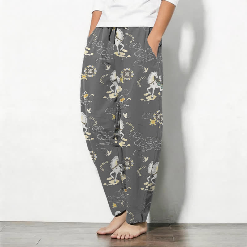 Nimara Ritual Pure Cotton White Horse Cloud Blossom Pattern Drawstring Men's Tapered Pants With Pockets