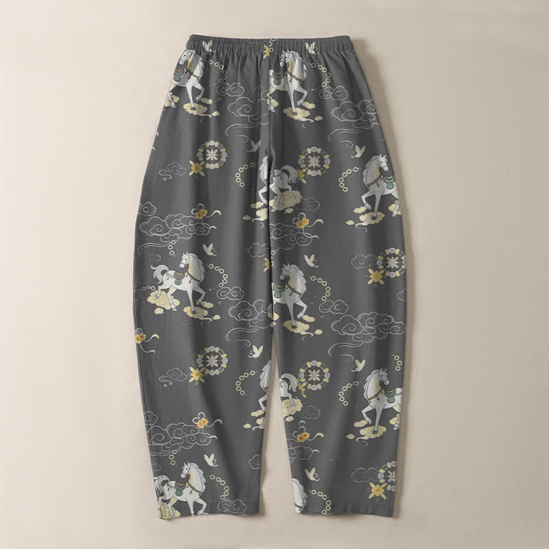 Nimara Ritual Pure Cotton White Horse Cloud Blossom Pattern Drawstring Men's Tapered Pants With Pockets