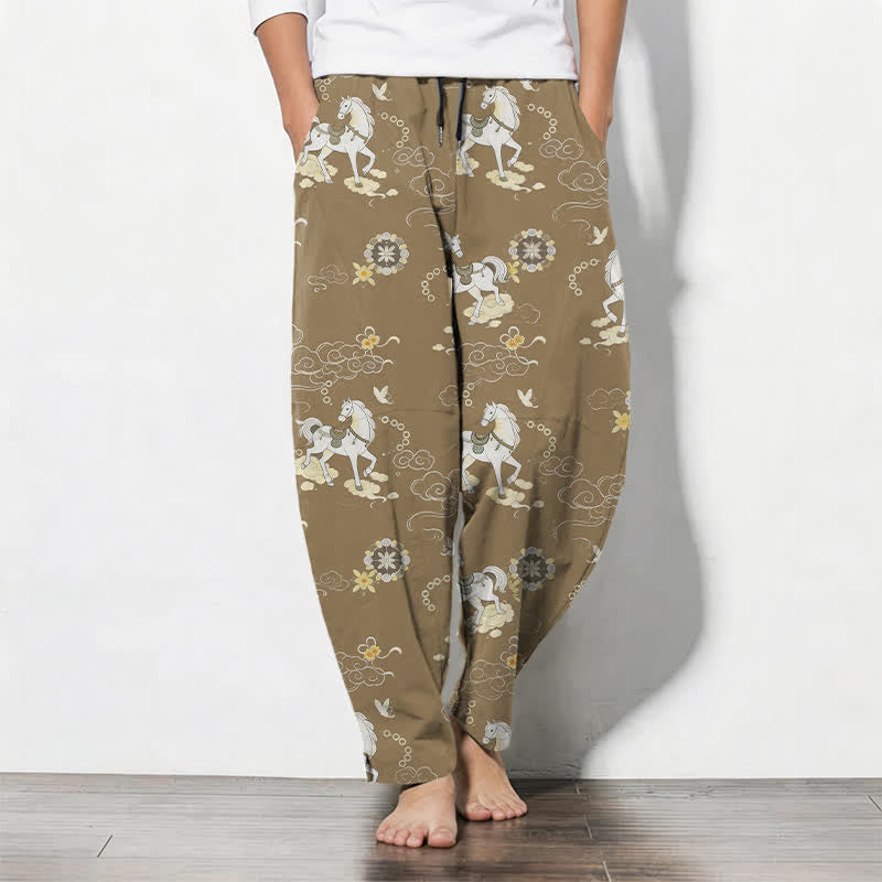 Nimara Ritual Pure Cotton White Horse Cloud Blossom Pattern Drawstring Men's Tapered Pants With Pockets