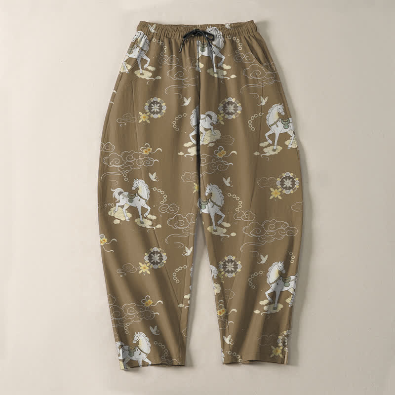 Nimara Ritual Pure Cotton White Horse Cloud Blossom Pattern Drawstring Men's Tapered Pants With Pockets