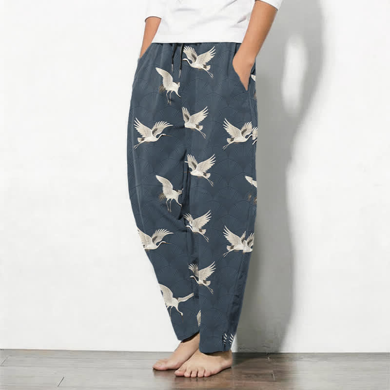 Nimara Ritual Pure Cotton Flying White Crane Pattern Drawstring Men's Tapered Pants With Pockets