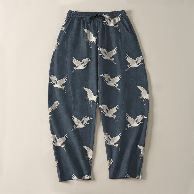 Nimara Ritual Pure Cotton Flying White Crane Pattern Drawstring Men's Tapered Pants With Pockets