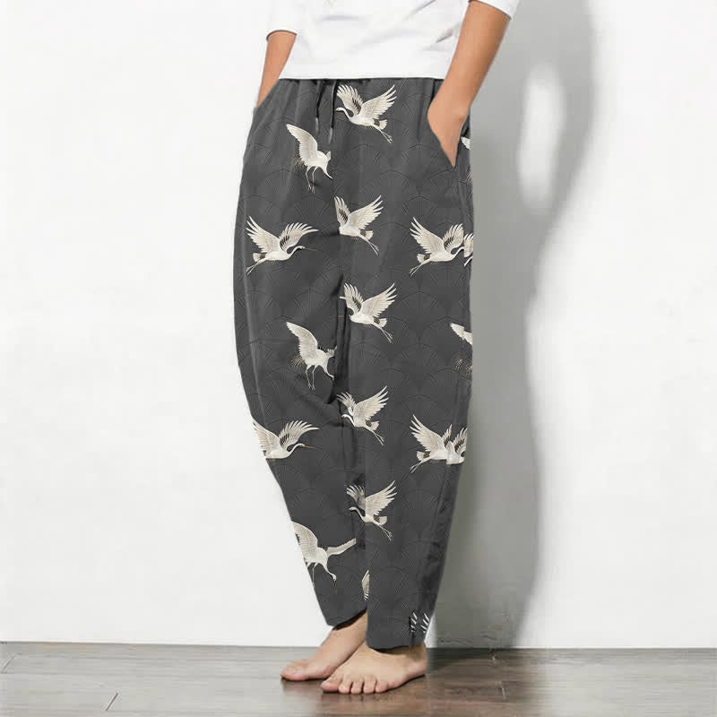 Nimara Ritual Pure Cotton Flying White Crane Pattern Drawstring Men's Tapered Pants With Pockets
